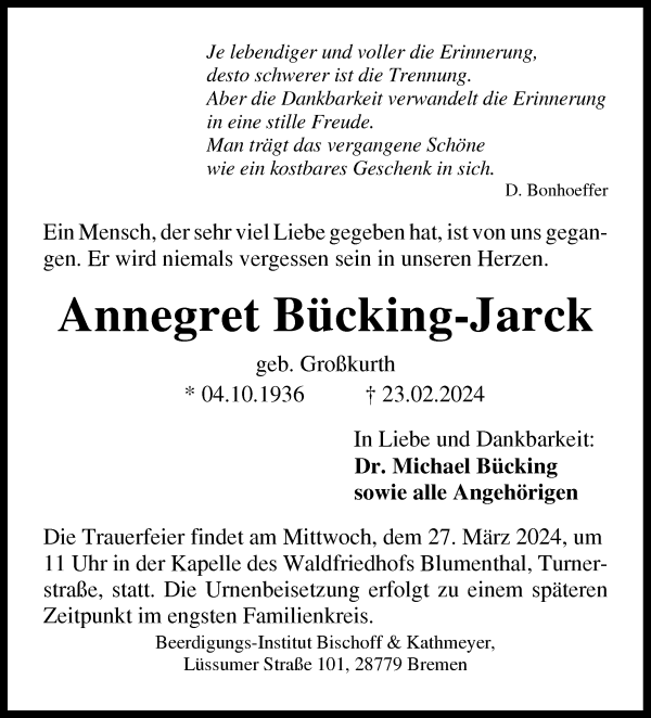 Traueranzeige von Annegret Bücking-Jarck