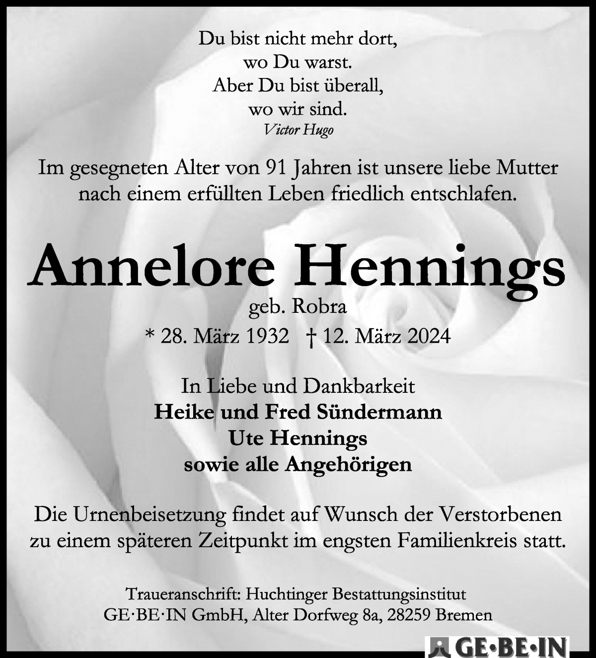  Traueranzeige für Annelore Hennings vom 23.03.2024 aus WESER-KURIER