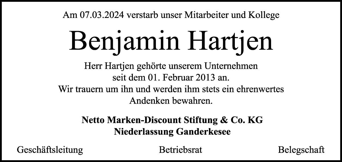  Traueranzeige für Benjamin Hartjen vom 16.03.2024 aus Die Norddeutsche