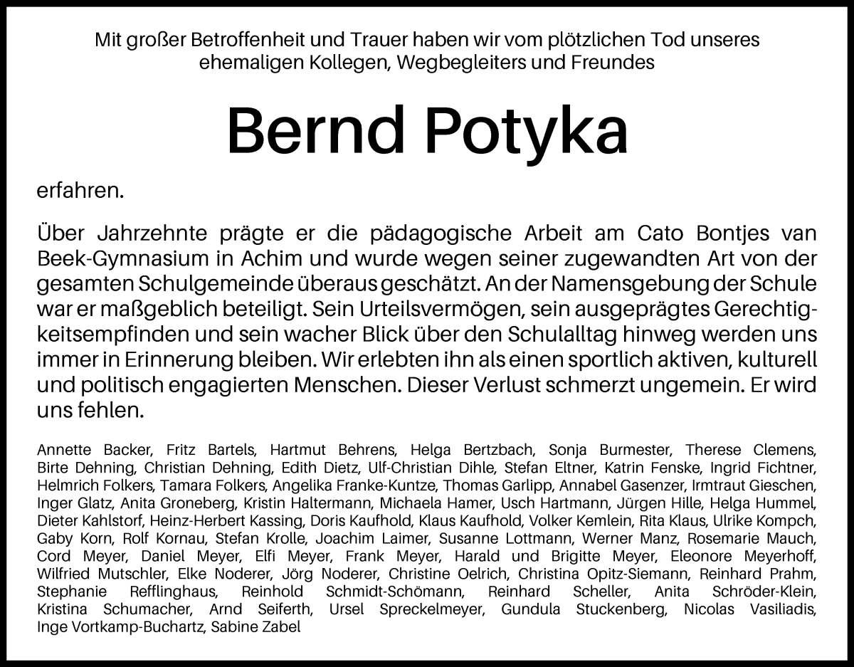 Traueranzeige von Bernd Potyka von Achimer Kurier/Verdener Nachrichten