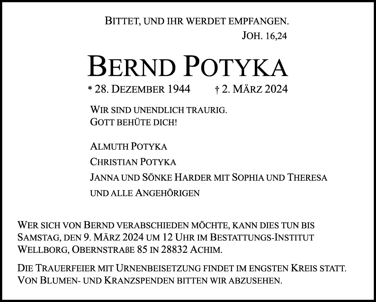  Traueranzeige für Bernd Potyka vom 07.03.2024 aus Achimer Kurier/Verdener Nachrichten