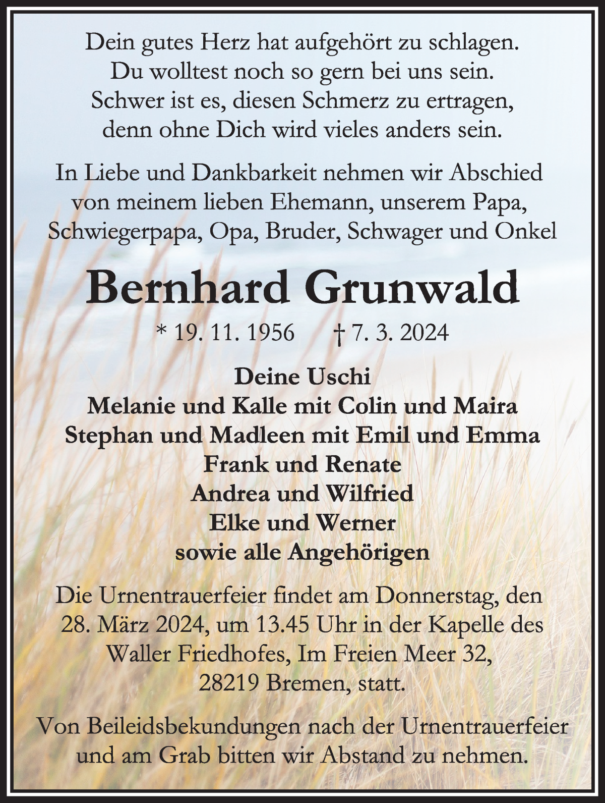  Traueranzeige für Bernhard Grunwald vom 16.03.2024 aus WESER-KURIER