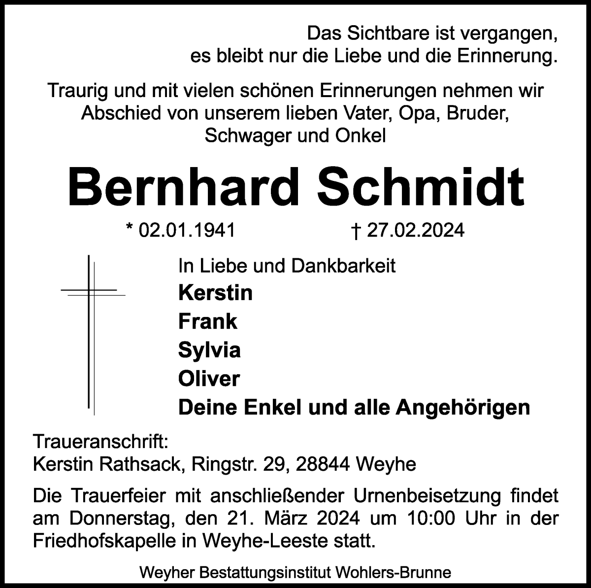 Traueranzeige von Bernhard Schmidt von WESER-KURIER