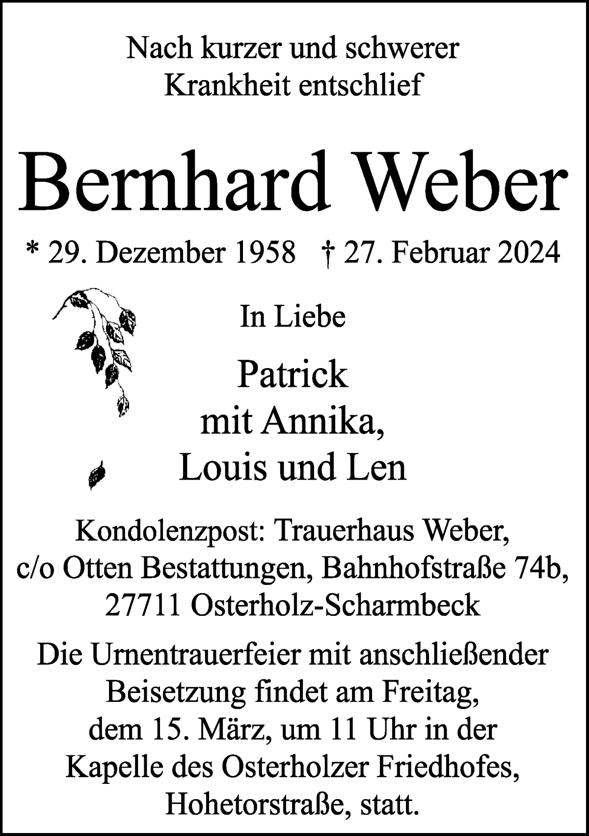 Traueranzeige von Bernhard Weber von Osterholzer Kreisblatt