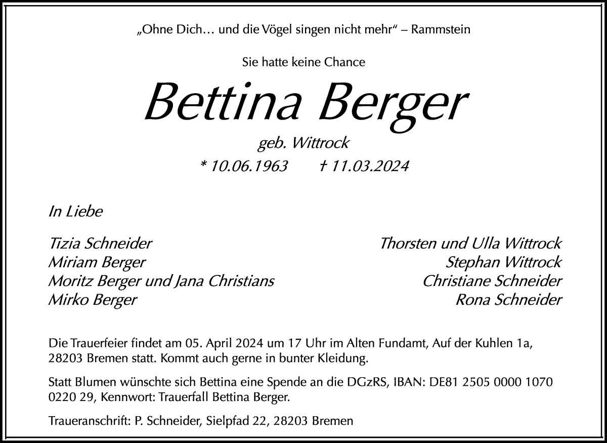  Traueranzeige für Bettina Berger vom 23.03.2024 aus WESER-KURIER