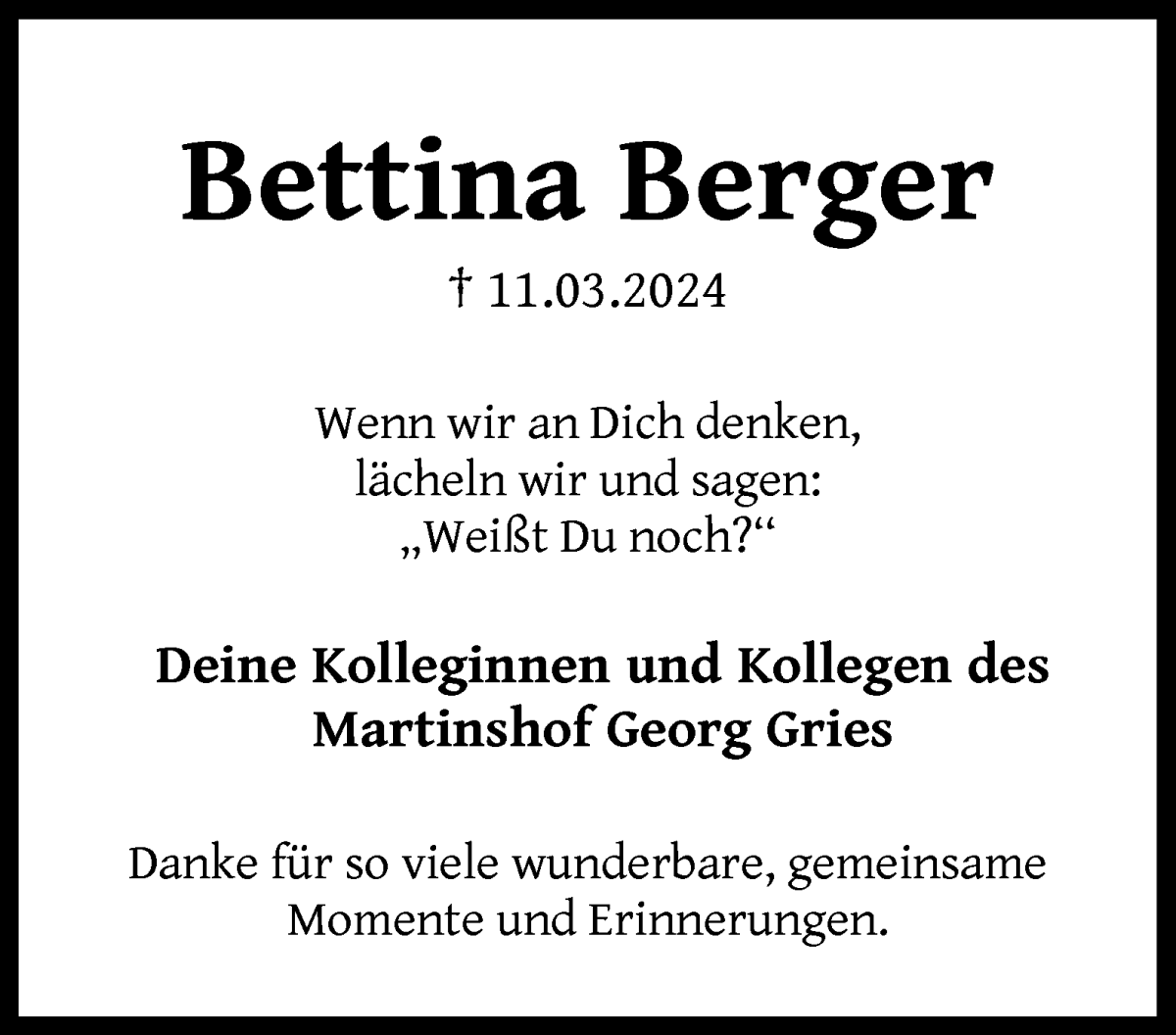  Traueranzeige für Bettina Berger vom 23.03.2024 aus WESER-KURIER