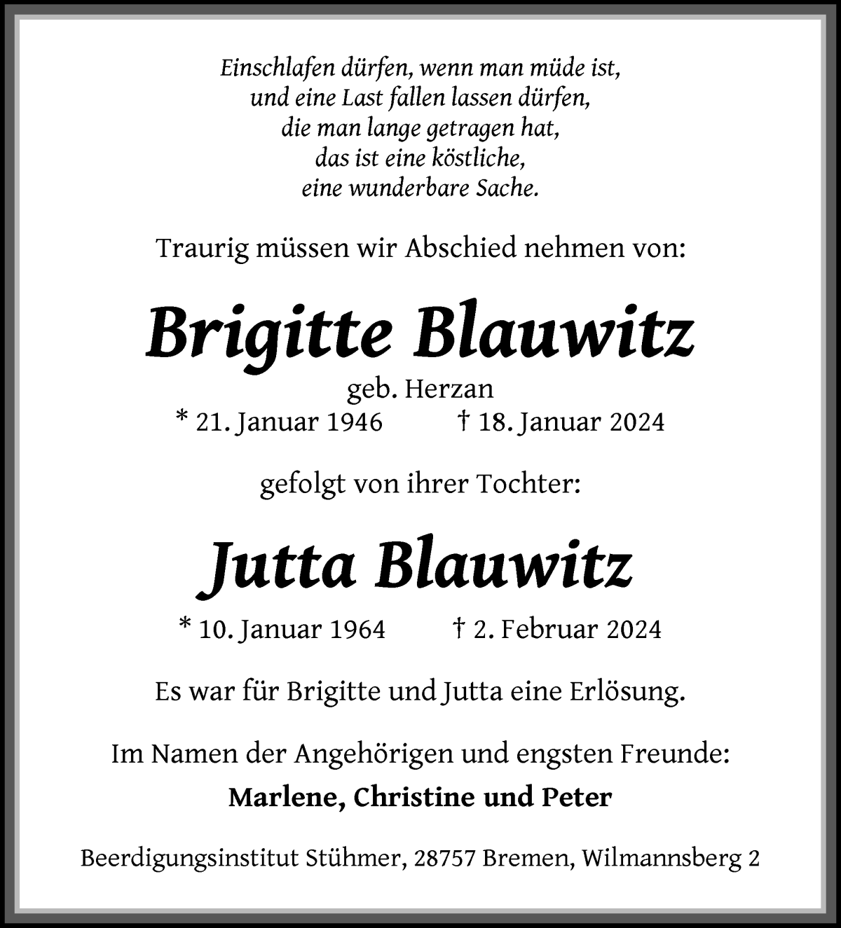  Traueranzeige für Brigitte und Jutta Blauwitz vom 16.03.2024 aus Die Norddeutsche