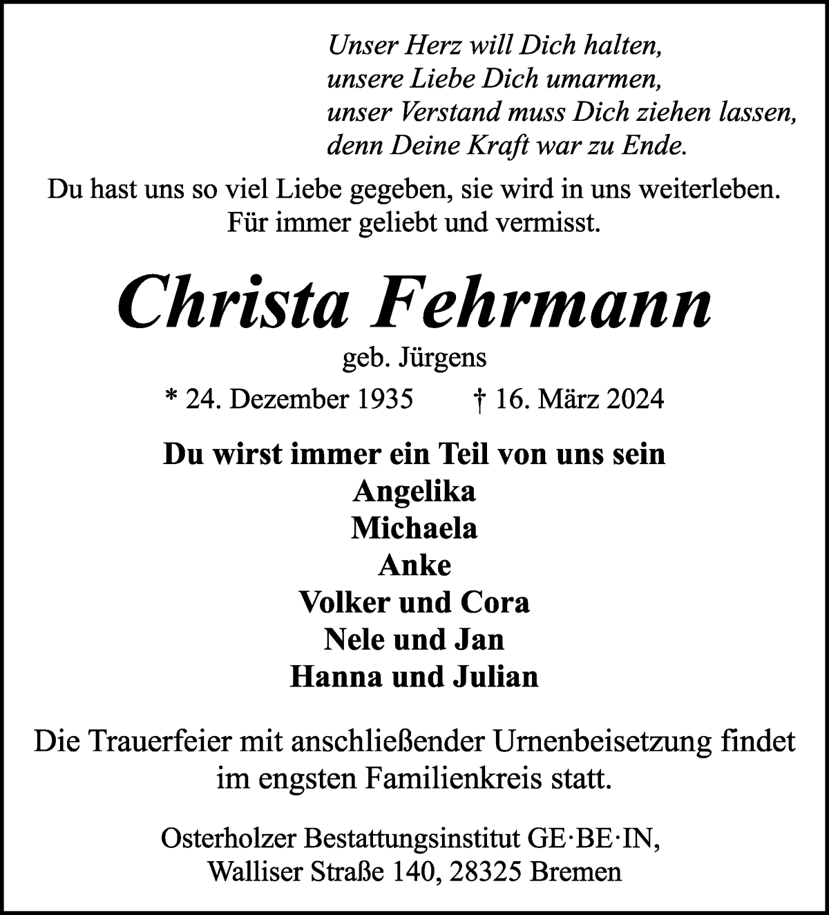 Traueranzeige von Christa Fehrmann von WESER-KURIER
