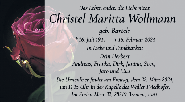Traueranzeige von Christel Maritta Wollmann von WESER-KURIER