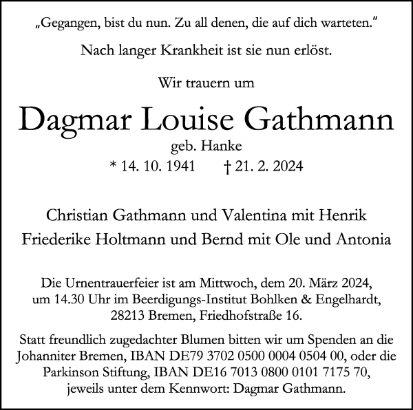 Traueranzeige von Dagmar Louise Gathmann von WESER-KURIER