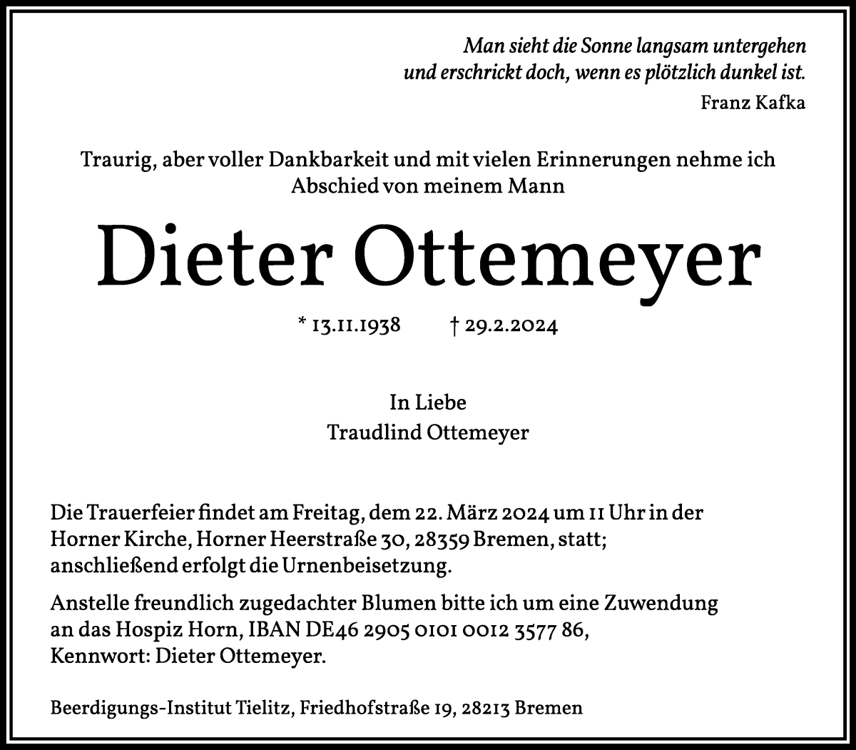 Traueranzeige von Dieter Ottemeyer von WESER-KURIER