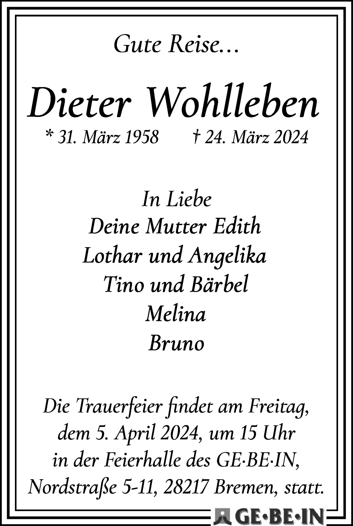  Traueranzeige für Dieter Wohlleben vom 30.03.2024 aus WESER-KURIER