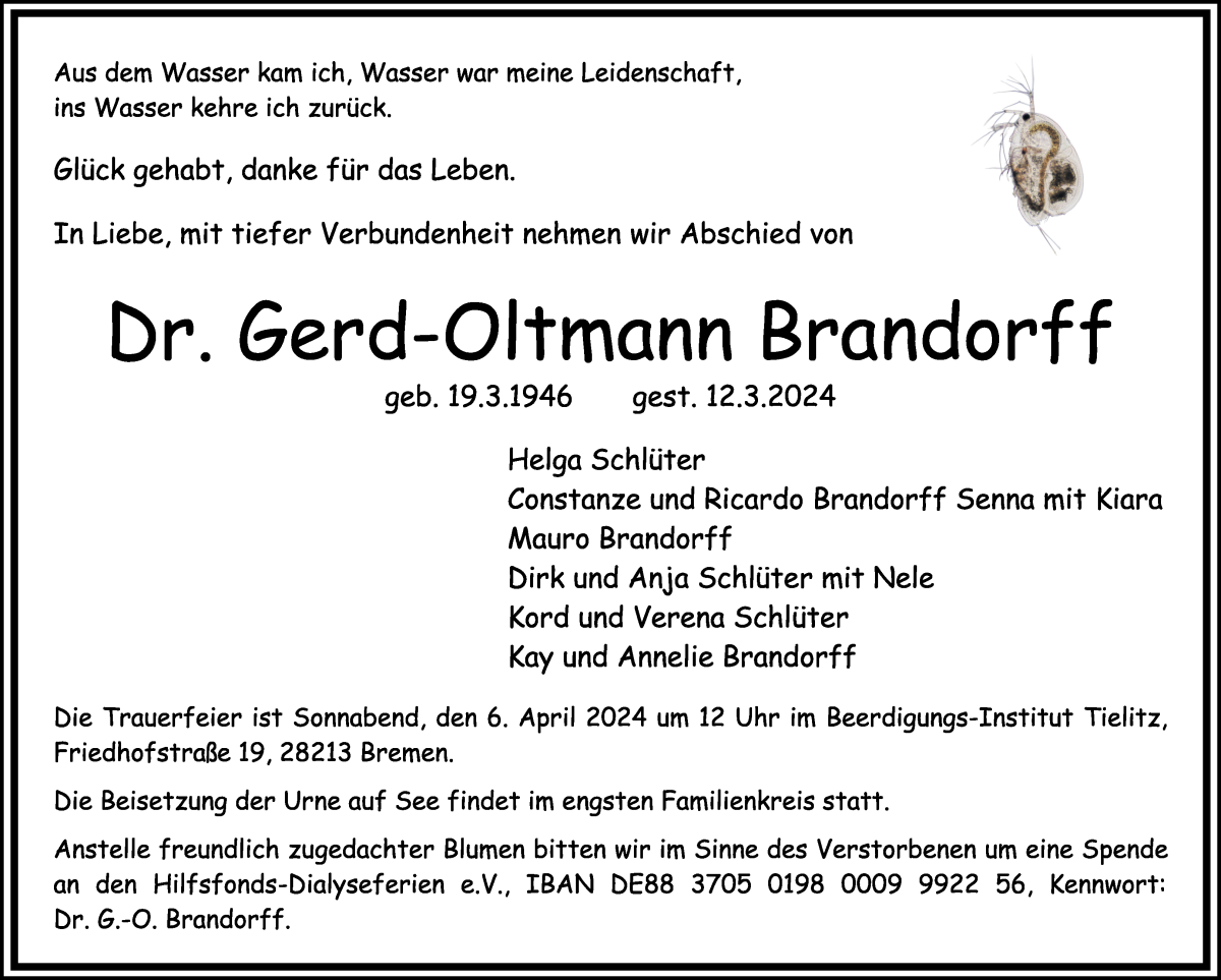 Traueranzeige von Dr. Gerd-Oltmann Brandorff von WESER-KURIER