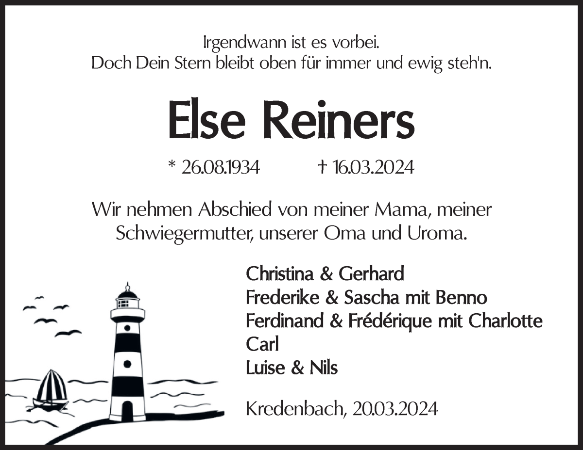  Traueranzeige für Else Reiners vom 20.03.2024 aus WESER-KURIER