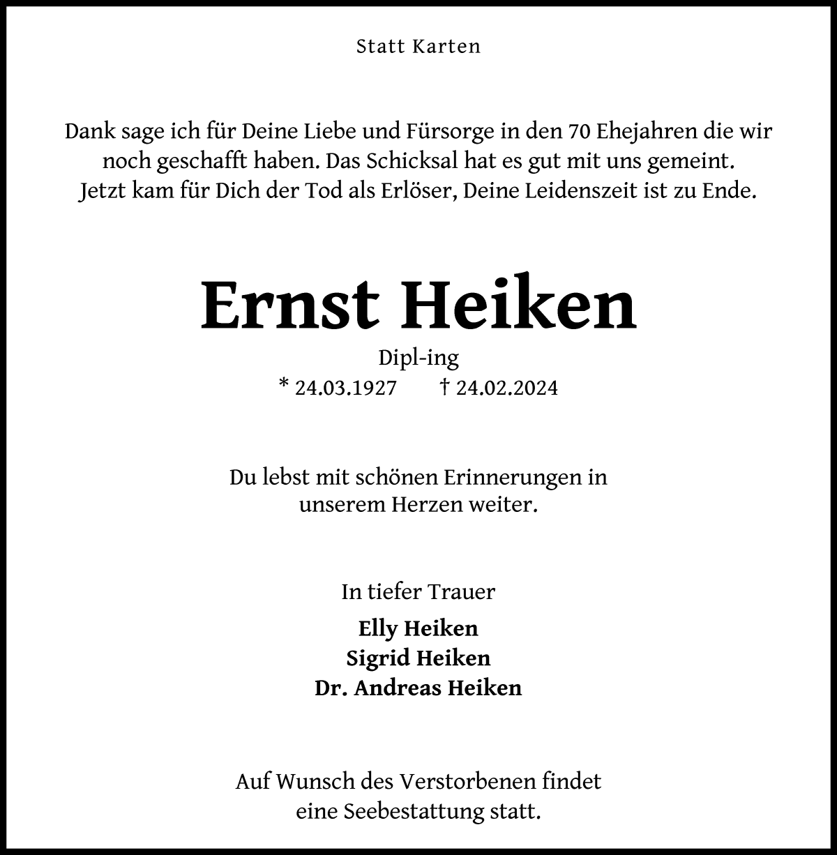 Traueranzeige von Ernst Heiken von WESER-KURIER