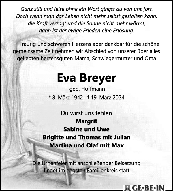 Traueranzeige von Eva Breyer von WESER-KURIER