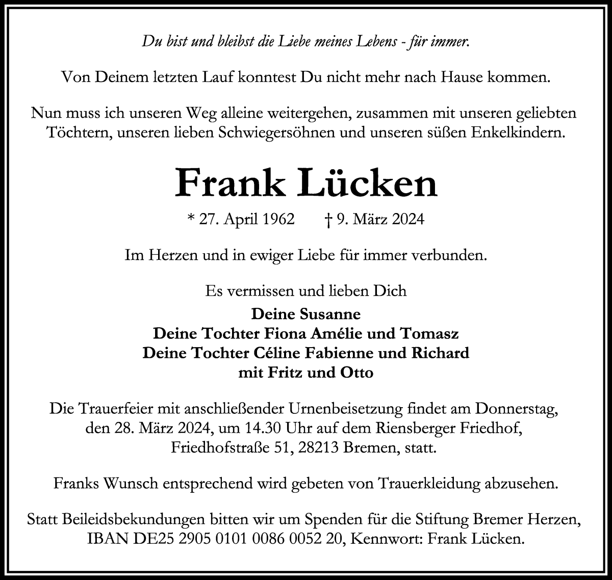  Traueranzeige für Frank Lücken vom 23.03.2024 aus WESER-KURIER