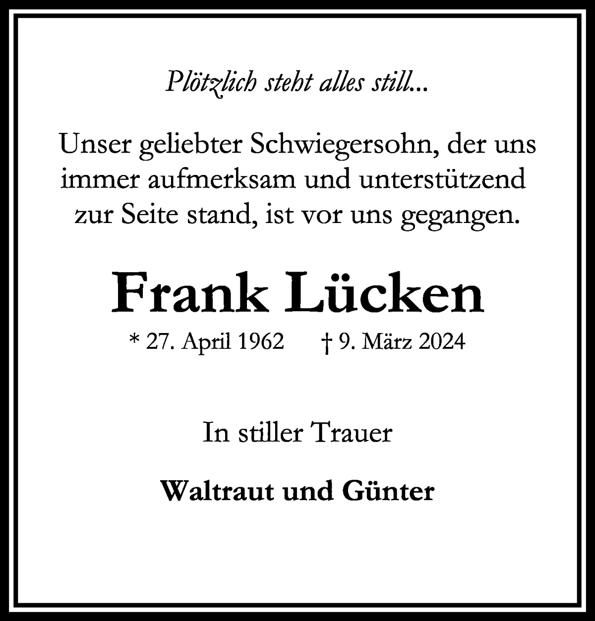 Traueranzeige von Frank Lücken von WESER-KURIER