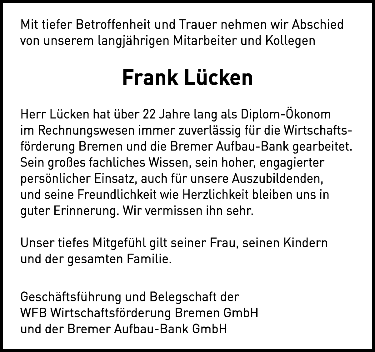 Traueranzeige von Frank Lücken von WESER-KURIER