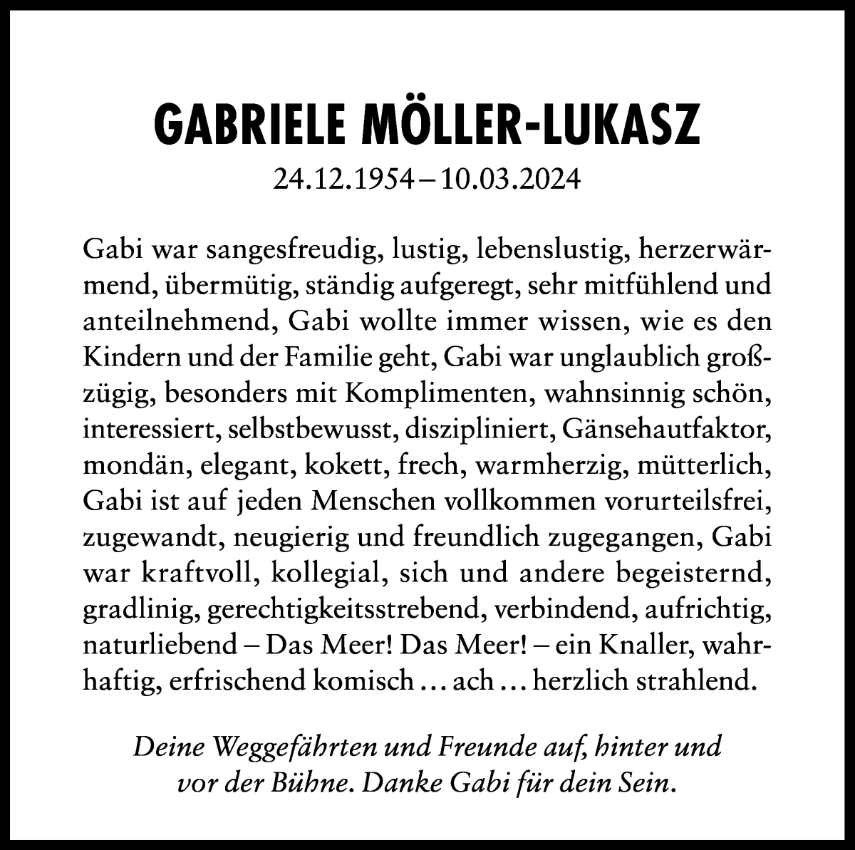  Traueranzeige für Gabriele Möller-Lukasz vom 16.03.2024 aus WESER-KURIER
