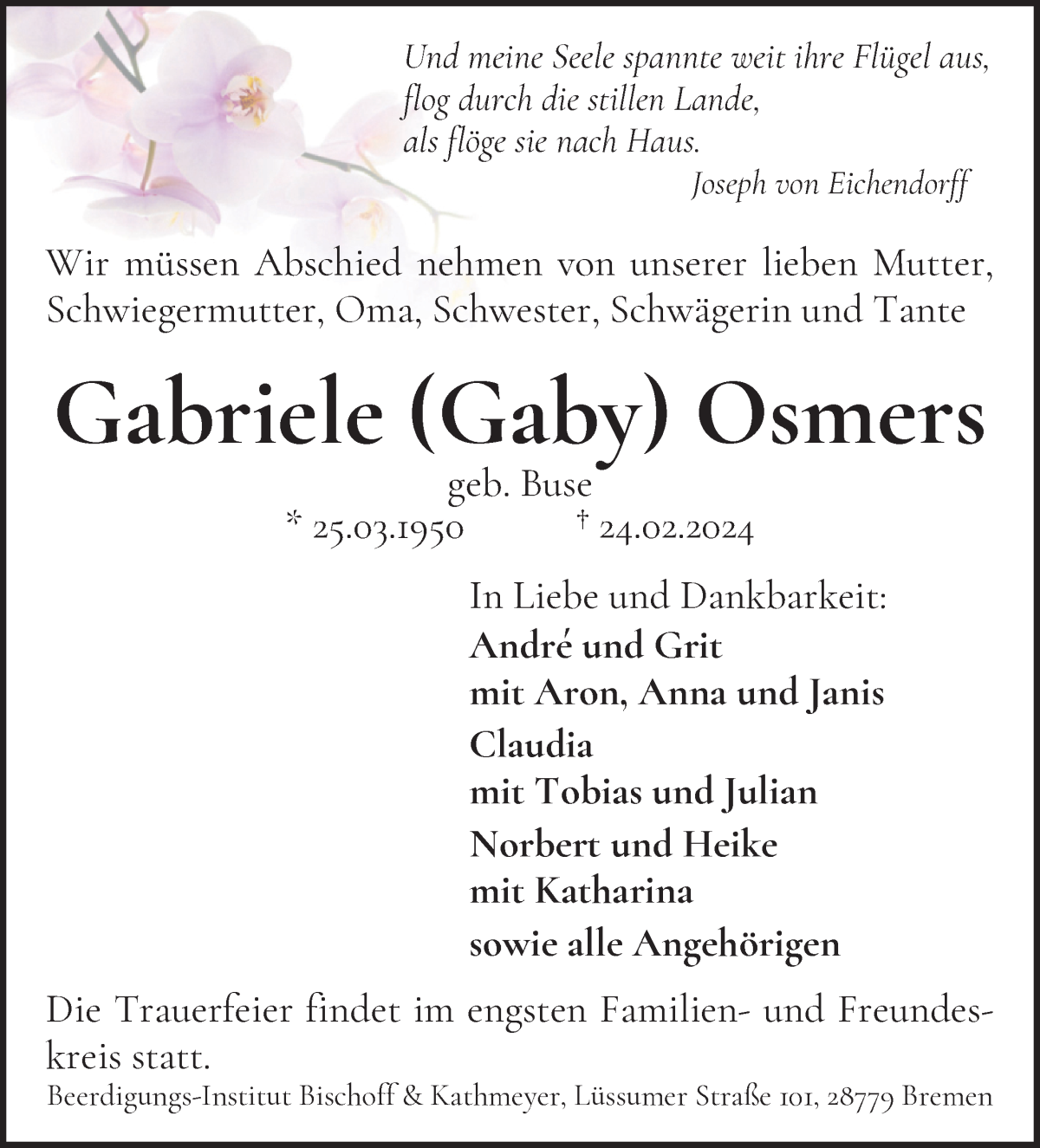  Traueranzeige für Gabriele Osmers vom 09.03.2024 aus WESER-KURIER
