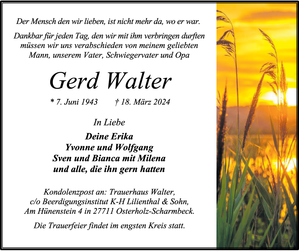 Traueranzeige von Gerd Walter von Osterholzer Kreisblatt