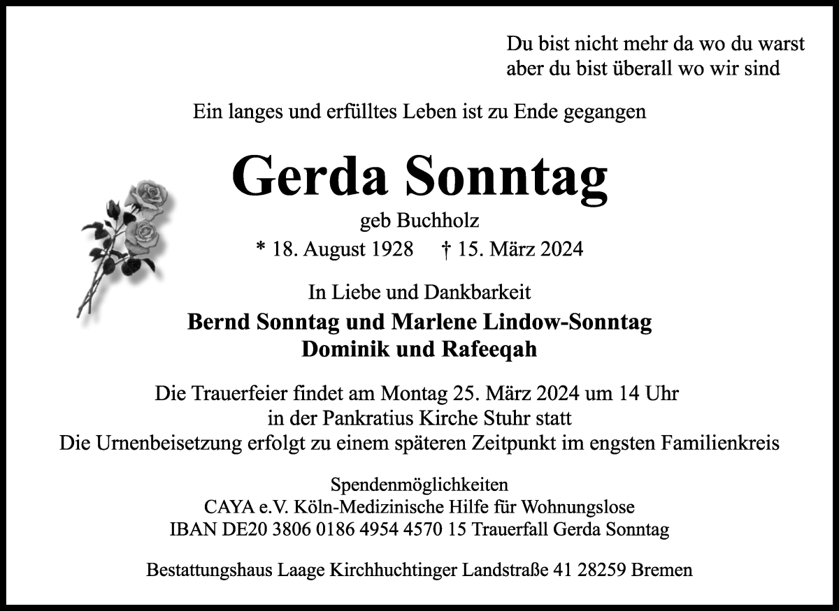 Traueranzeige von Gerda Sonntag von WESER-KURIER