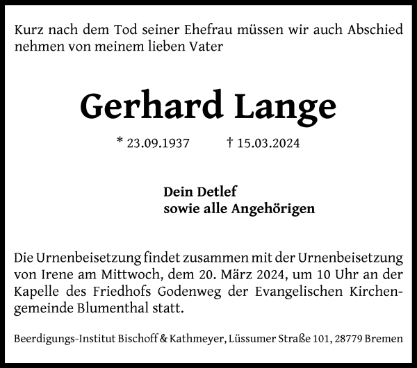 Traueranzeige von Gerhard Lange von Die Norddeutsche