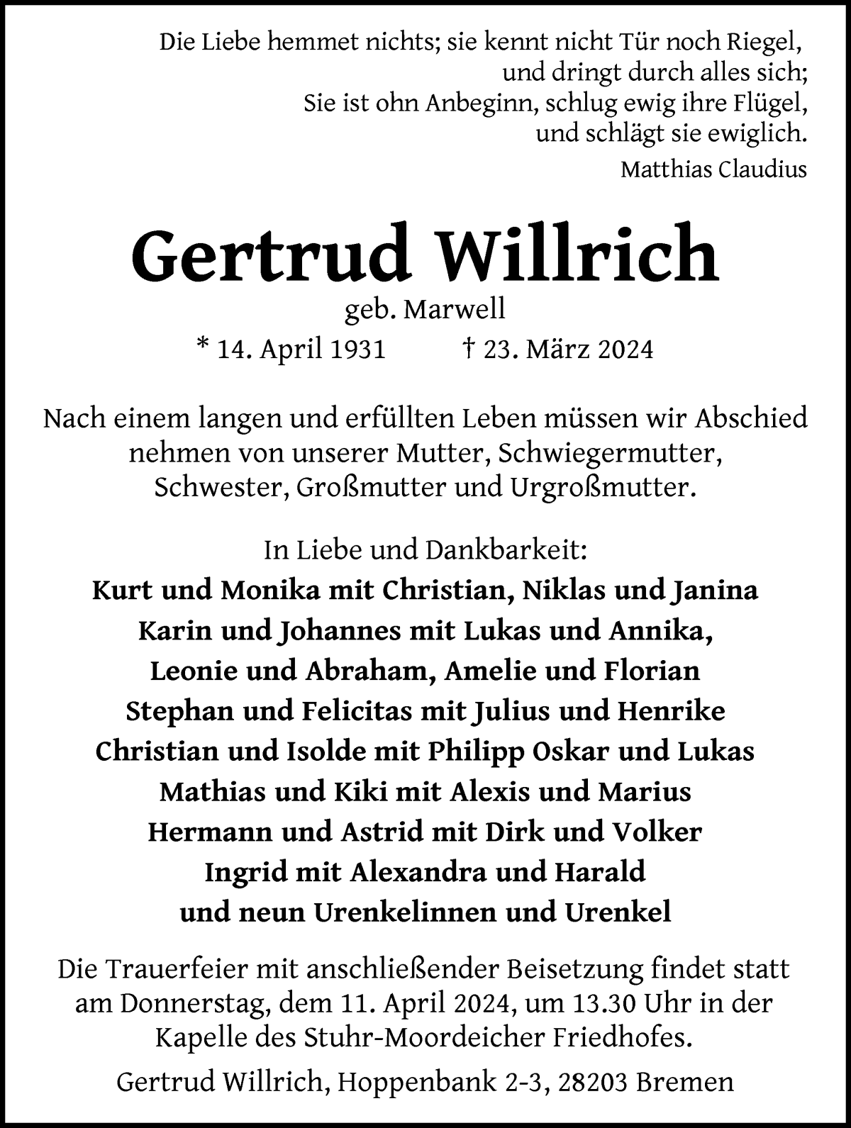 Traueranzeige von Gertrud Willrich von WESER-KURIER
