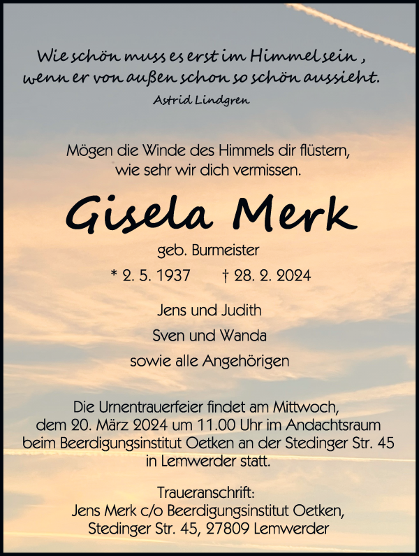 Traueranzeige von Gisela Merk von Die Norddeutsche