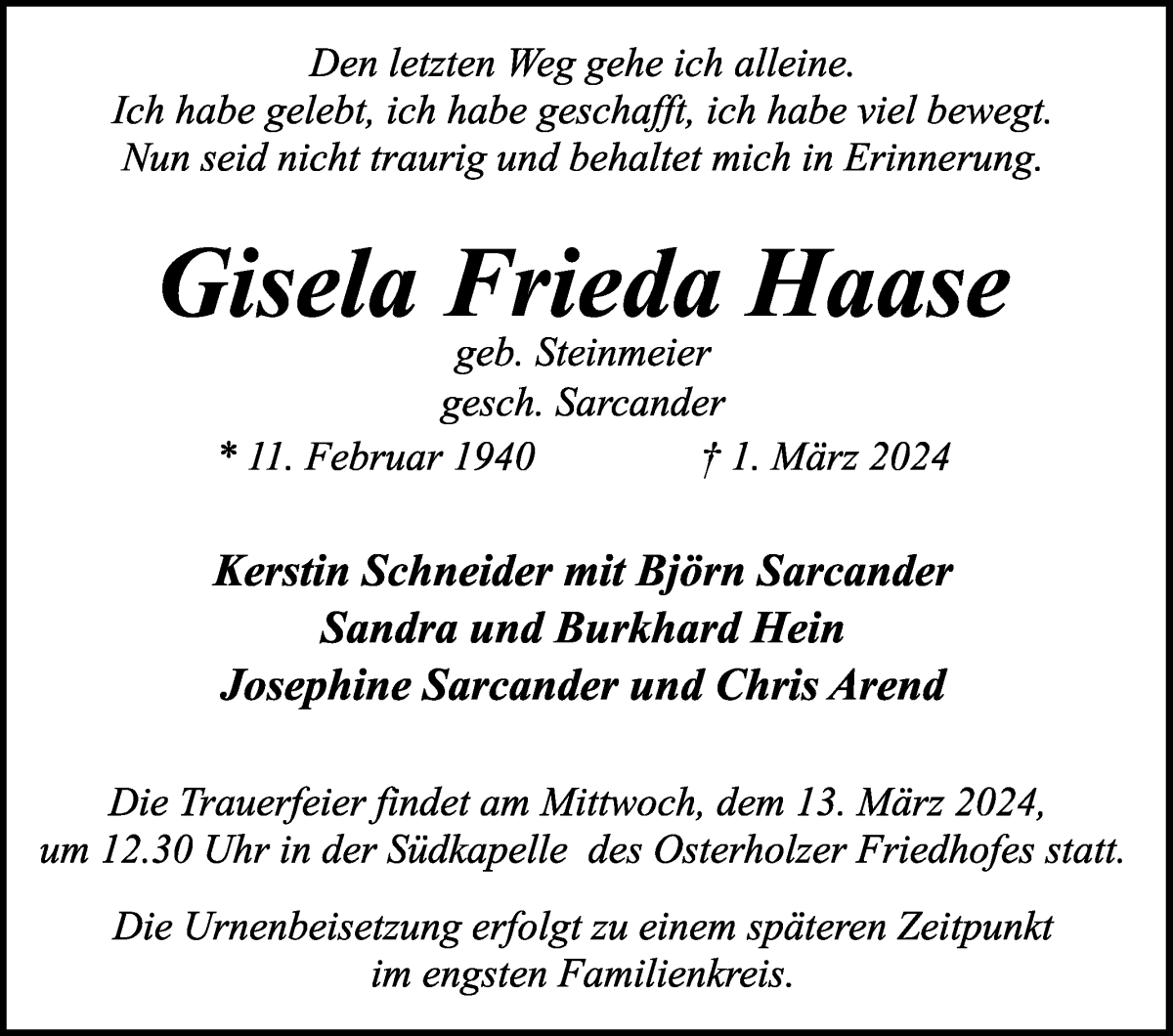 Traueranzeige von Gisela Frieda Haase von WESER-KURIER