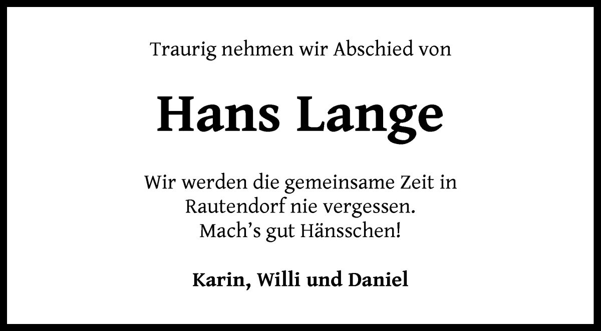  Traueranzeige für Hans Lange vom 23.03.2024 aus Wuemme Zeitung