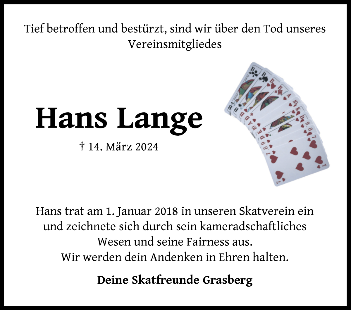 Traueranzeige von Hans Lange von Wuemme Zeitung