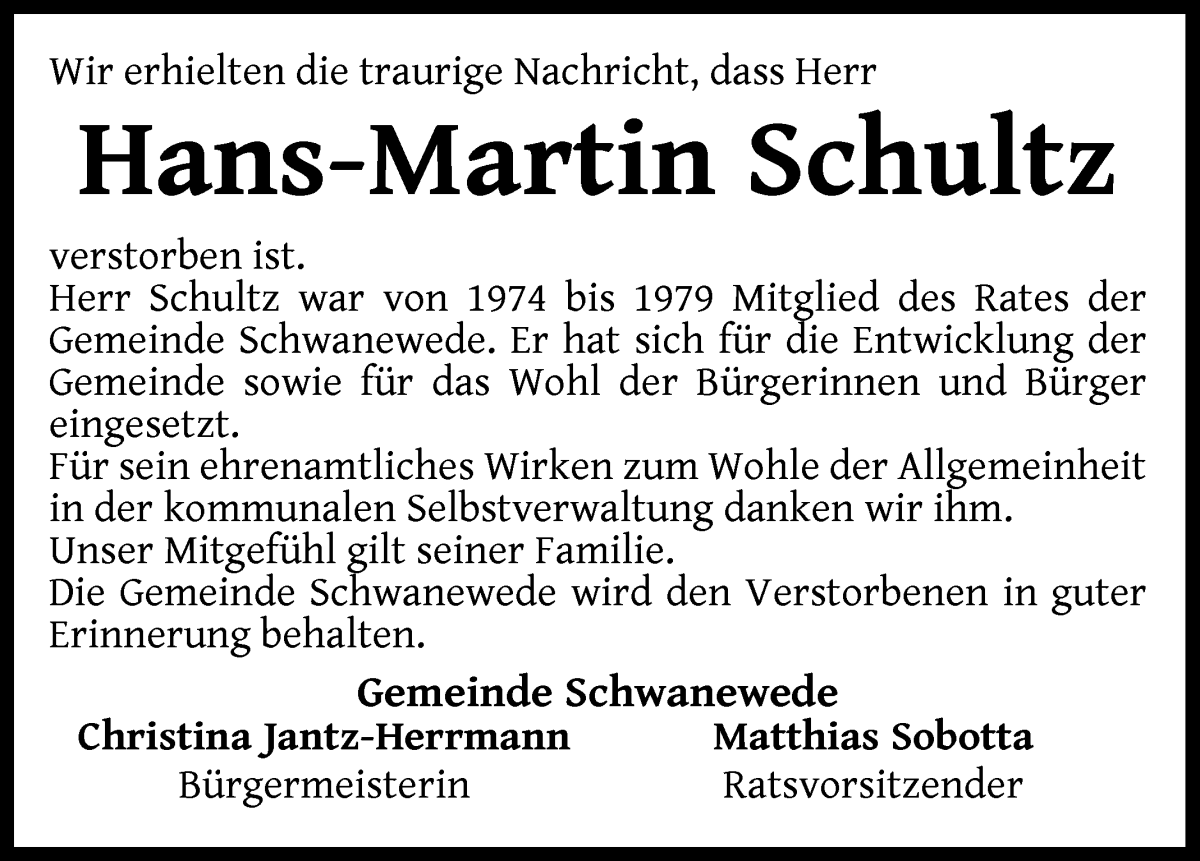 Traueranzeige von Hans-Martin Schultz von Die Norddeutsche