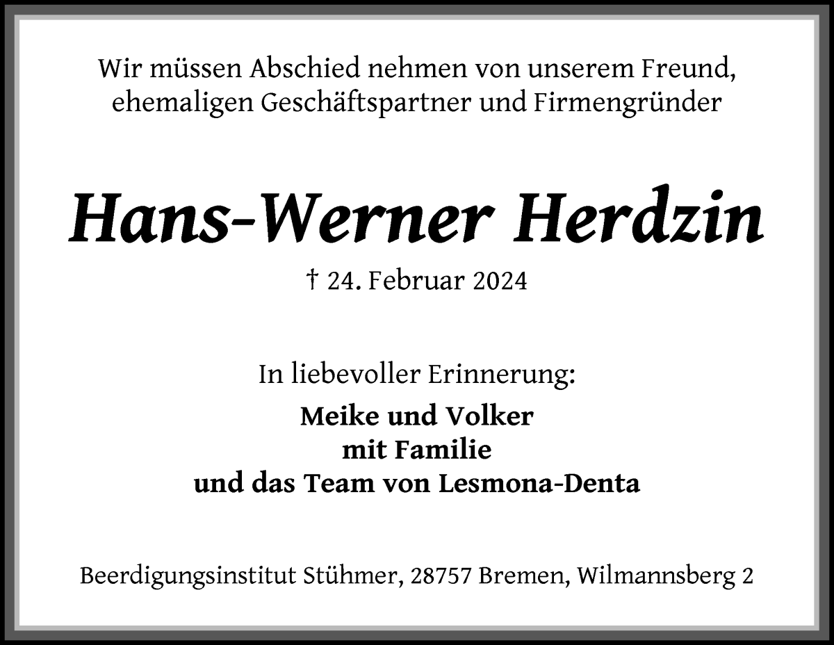 Traueranzeige von Hans-Werner Herdzin von Die Norddeutsche