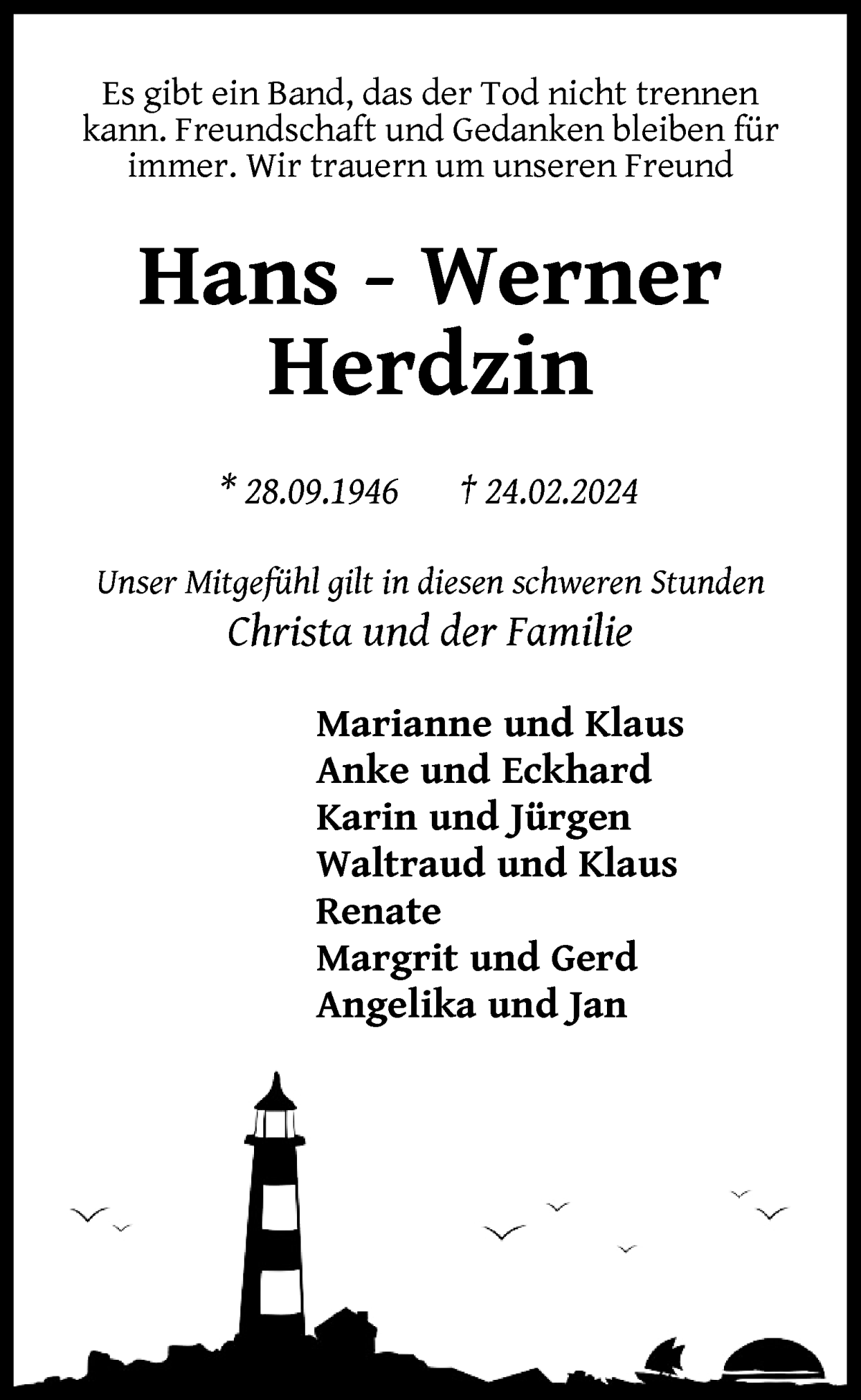 Traueranzeige von Hans - Werner Herdzin von Die Norddeutsche