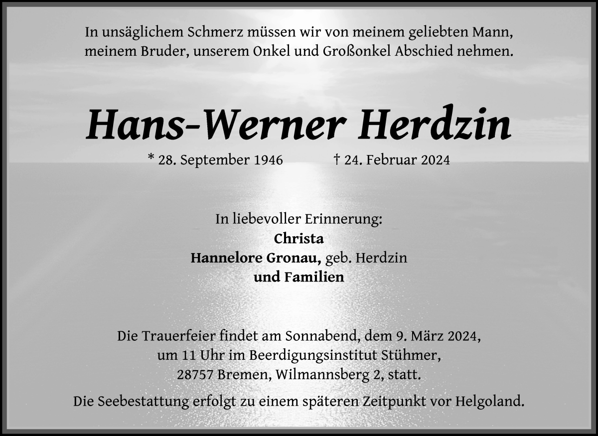 Traueranzeige von Hans-Werner Herdzin von Die Norddeutsche