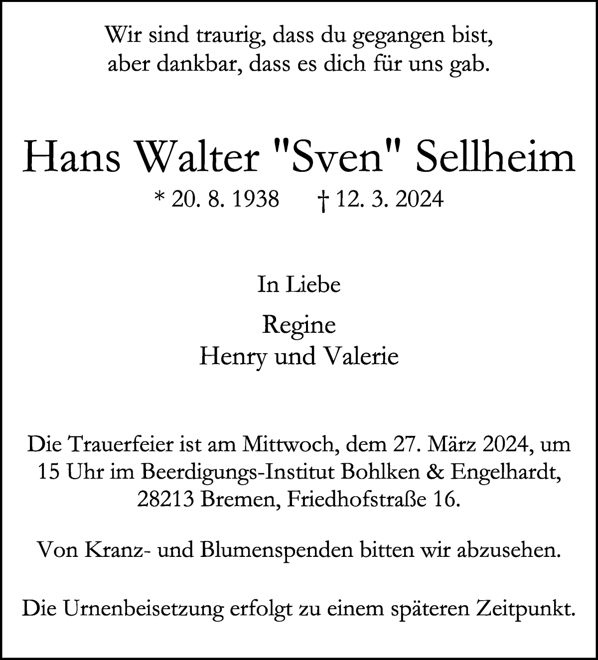 Traueranzeige von Hans Walter Sven Sellheim von WESER-KURIER