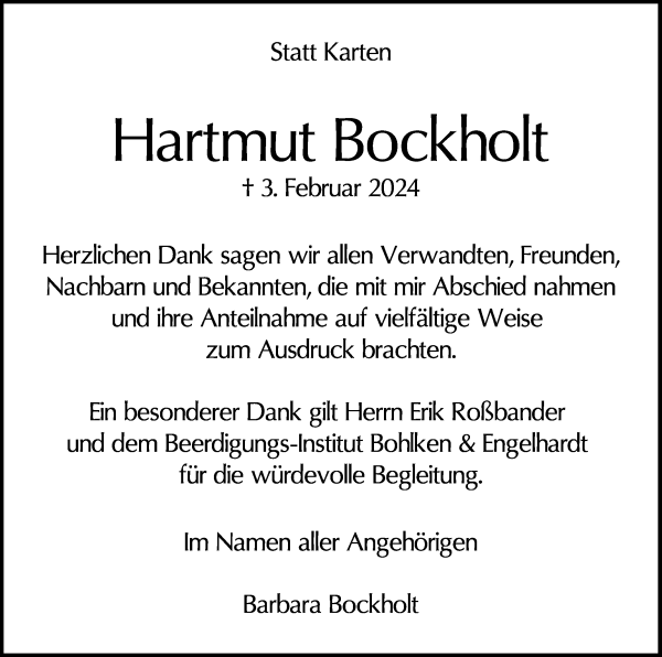 Traueranzeige von Hartmut Bockholt