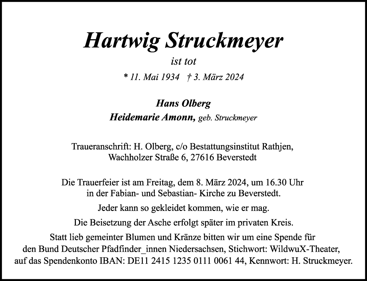  Traueranzeige für Hartwig Struckmeyer vom 06.03.2024 aus WESER-KURIER