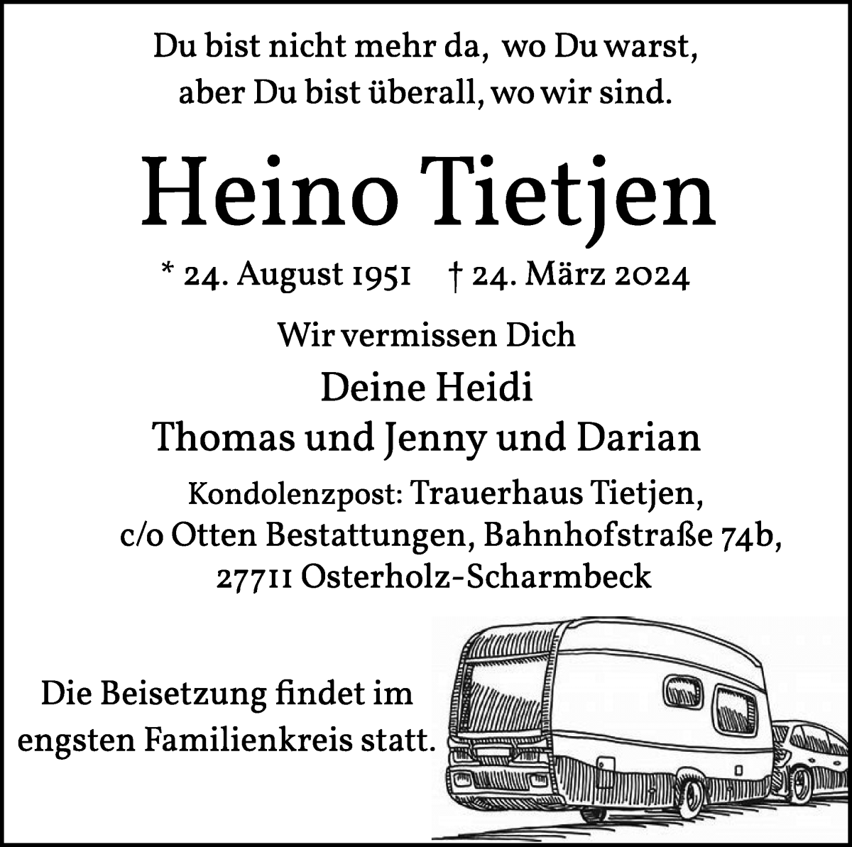  Traueranzeige für Heino Tietjen vom 28.03.2024 aus Osterholzer Kreisblatt