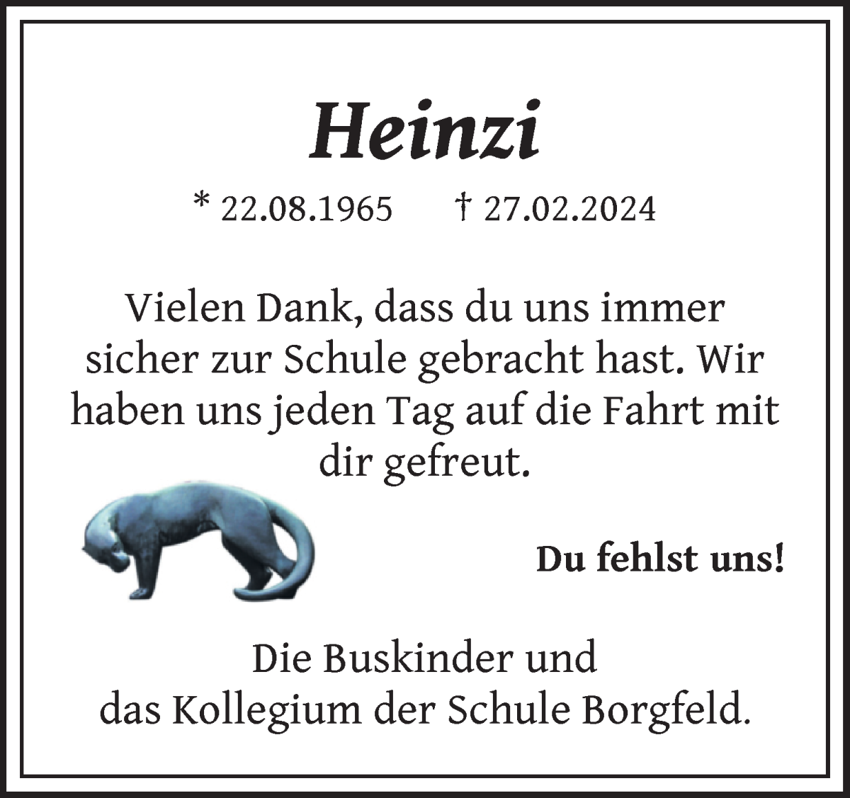  Traueranzeige für Heinzi Lüers vom 04.03.2024 aus Wuemme Zeitung