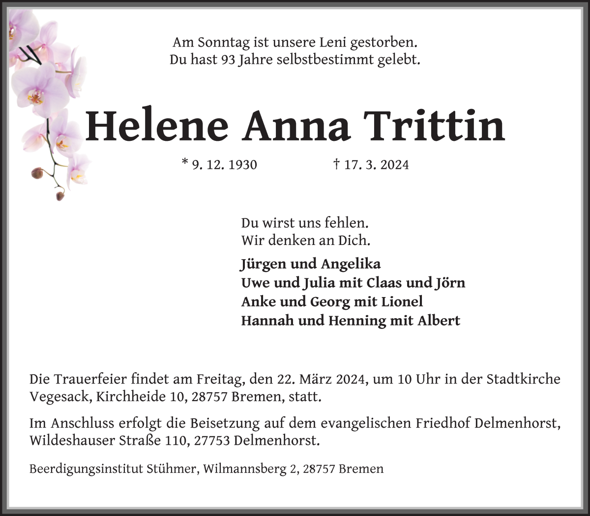  Traueranzeige für Helene Anna Trittin vom 20.03.2024 aus WESER-KURIER