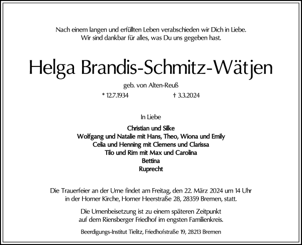 Traueranzeige von Helga Brandis-Schmitz-Wätjen von WESER-KURIER