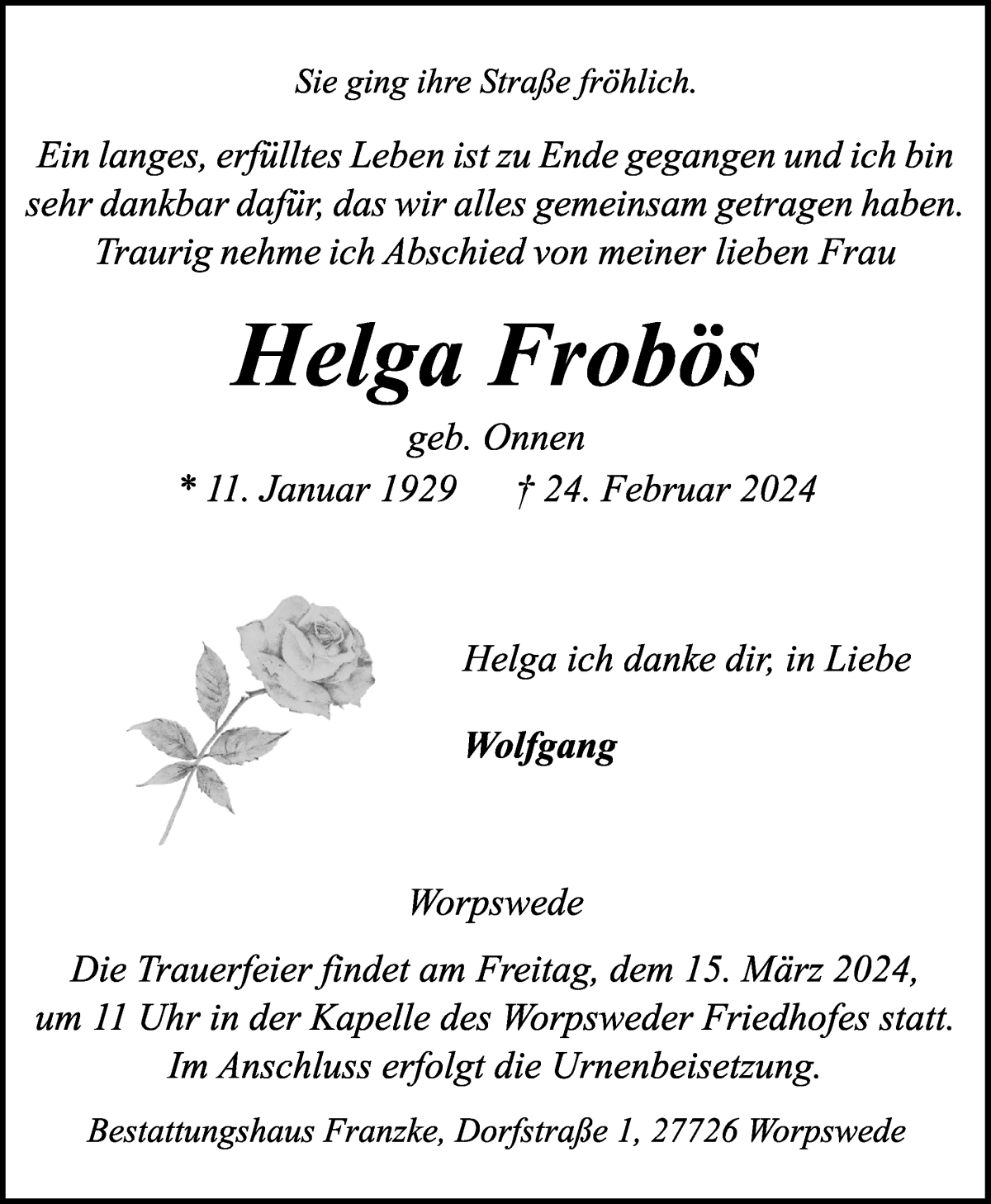 Traueranzeige von Helga Frobös von Wuemme Zeitung