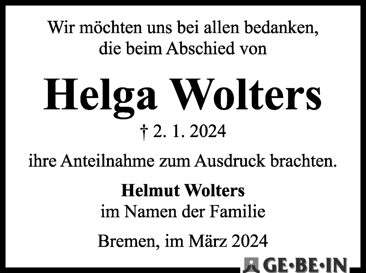 Traueranzeige von Helga Wolters von WESER-KURIER