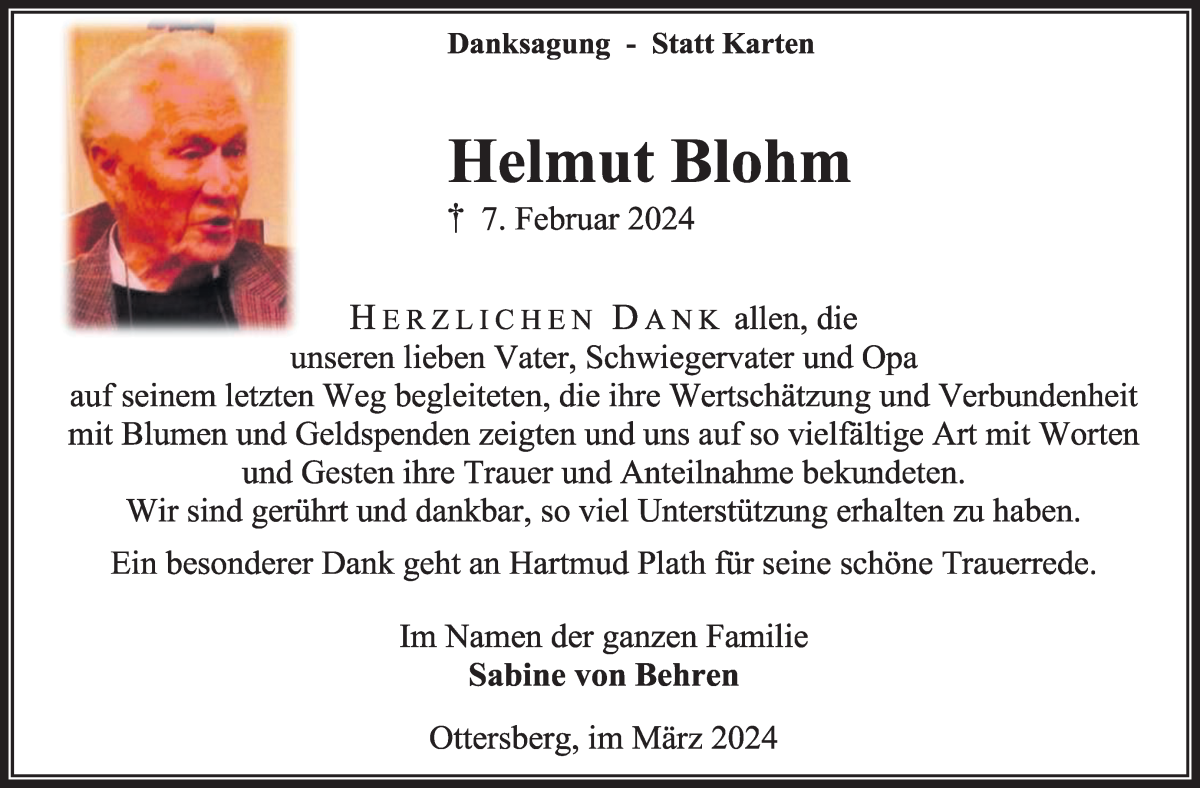  Traueranzeige für Helmut Blohm vom 02.03.2024 aus WESER-KURIER