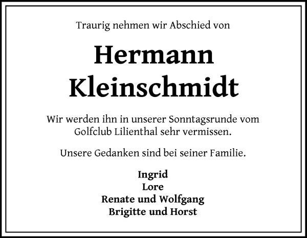 Traueranzeige von Hermann Kleinschmidt