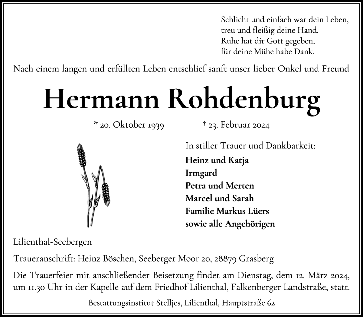 Traueranzeige von Hermann Rohdenburg von Wuemme Zeitung