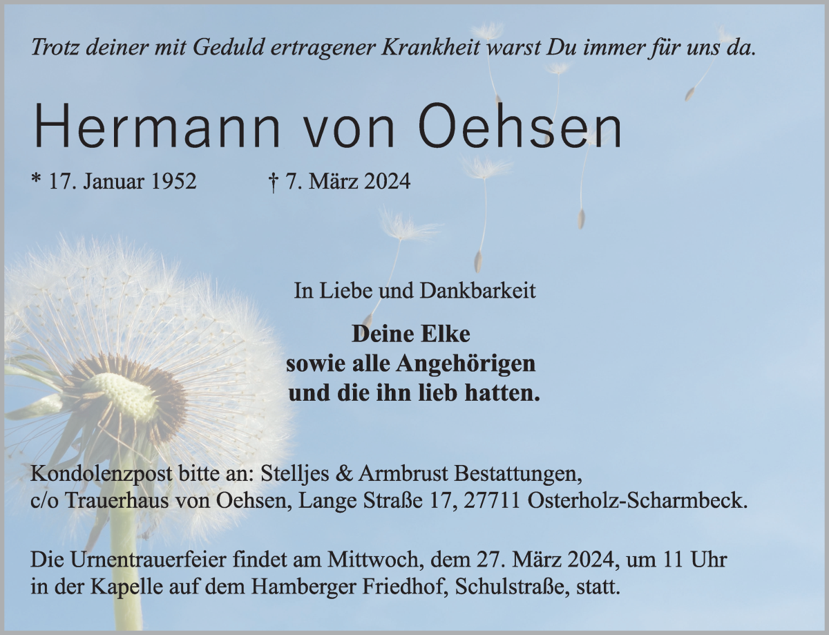  Traueranzeige für Hermann von Oehsen vom 09.03.2024 aus Osterholzer Kreisblatt